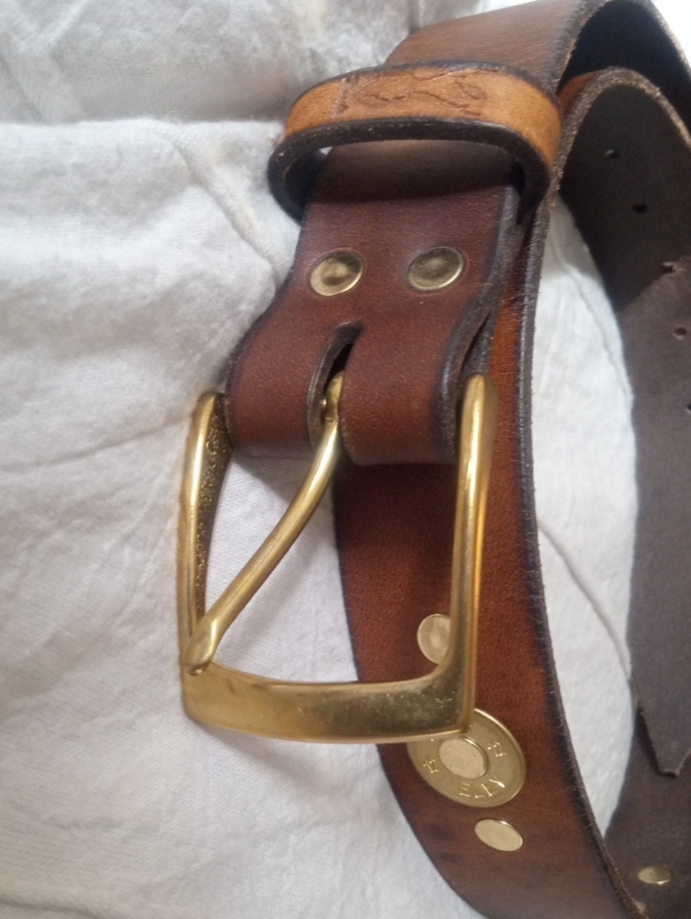Handmade Leather Belt With Brass 12-Gauge Shell Accents